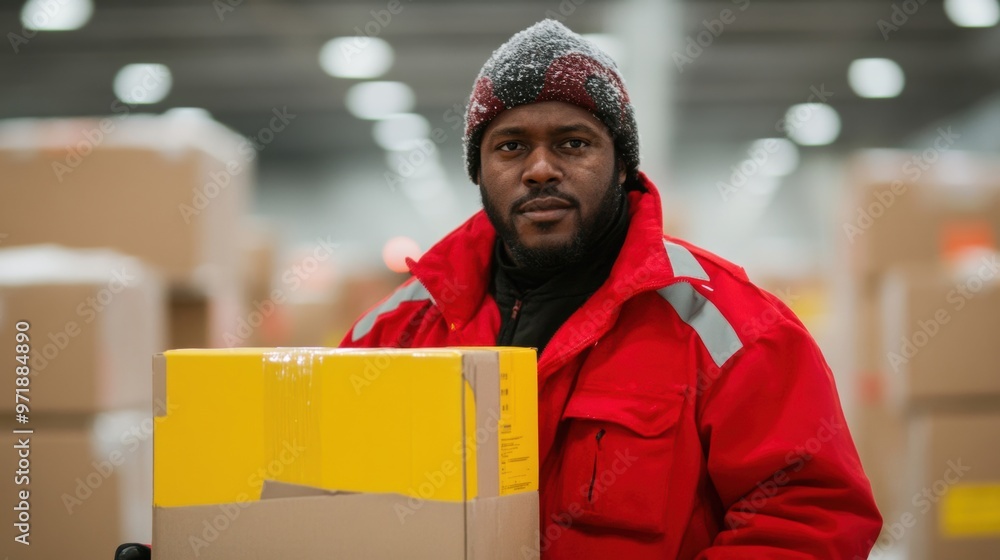 Poster a warehouse worker carefully transports boxes in a busy distribution center, demonstrating efficienc