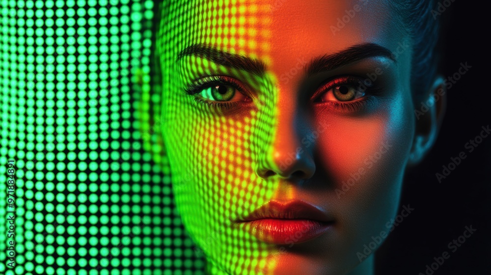 Poster a captivating portrait showcases a person with striking features, illuminated by colorful digital li