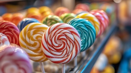 candies side view swirl Lollipop candy packs on counter in shop Group of packed colorful round lollipops on market for halloween kids junk food childhood background or surface hallowee : Generative AI