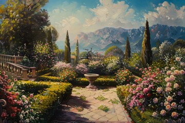 A classic oil painting of a grand garden in full bloom, its grandeur and elegance reminiscent of the Renaissance era