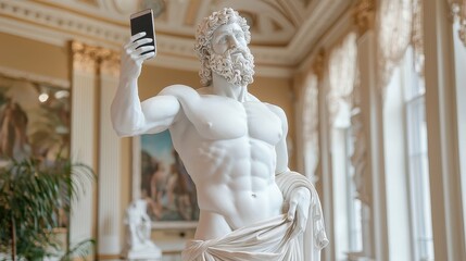 Ancient Statue Taking A Selfie With Smartphone