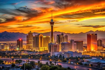 Fototapeta premium Dramatic Nevada desert sunset casts a warm glow on the iconic Las Vegas Strip's sleek modern skyscrapers and neon-lit casino resorts in stark silhouette.