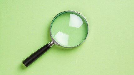 A magnifying glass sits prominently against a bright green backdrop, showcasing its glass lens and polished handle, inviting curiosity