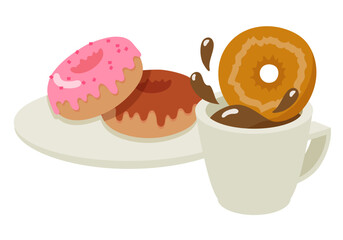 勢い良くコーヒーに浸すドーナツと皿に盛った二つのドーナツのベクターイラストレーション