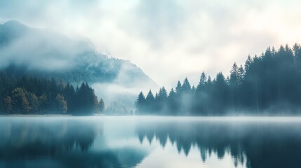 A tranquil morning fog rolling over a peaceful lake, with the surrounding forest and mountains partially obscured, creating a dreamy and ethereal atmosphere.