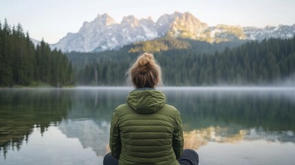 A woman finds tranquility at lakeside, appreciating the breathtaking morning light and reflective waters in the midst of nature's beauty