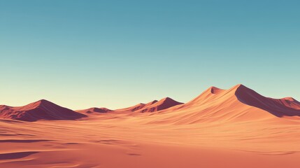 A vast desert landscape with sweeping sand dunes under a clear, cloudless sky, capturing the stark beauty of the arid environment.