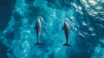 Obraz premium Aerial view of dolphins swimming through tropical blue water : Generative AI