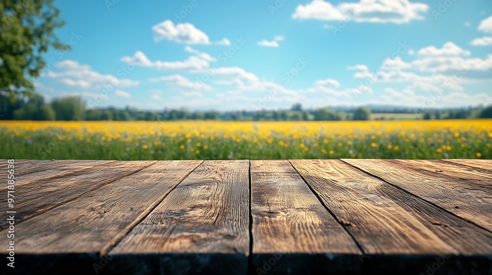 Poster The empty wooden brown table top with blur background of farmland and blue sky Exuberant image : Generative AI