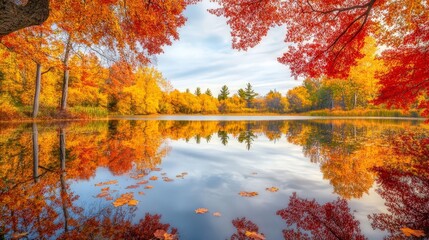 A vibrant autumn landscape with a canopy of golden and red leaves, reflecting in a calm, mirror-like lake beneath a bright, crisp sky.