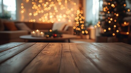Corner table background of free space for your decoration and blurred home interior with brown sofa Christmas time in home and warm light : Generative AI
