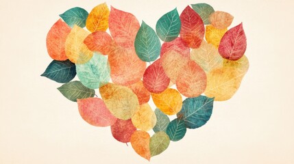 A vibrant heart shape filled with colorful autumn leaves showcases the beauty of fall foliage and nature's transformations