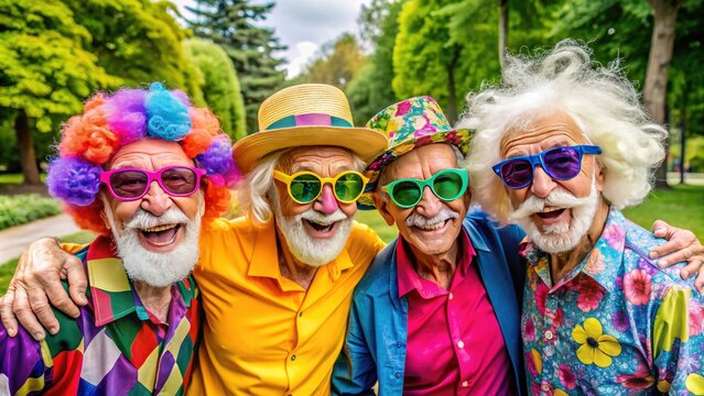 Elderly gentlemen with wild hair and bushy eyebrows wear colorful outfits, oversized sunglasses, and flamboyant hats, exuding playful, eccentric, and whimsical personalities in a park setting.
