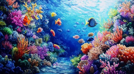 Obraz premium A vibrant coral reef underwater scene, with colorful fish and marine life swimming among the vivid corals, showcasing the beauty of the ocean