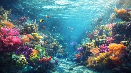Fototapeta premium A vibrant coral reef underwater, teeming with colorful marine life and clear blue waters.