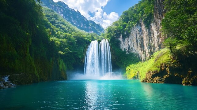 Natural landscape with turquoisecolored water and the monumental Tamul waterfall in the background on a sunny day with clouds in the Huasteca Potosina : Generative AI
