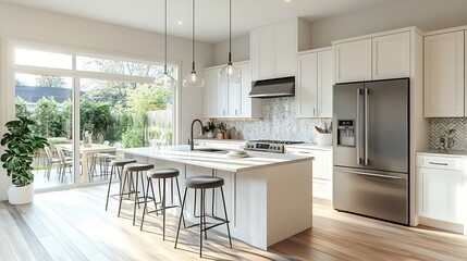 Kitchen and dining room interior with light colors aqua blue hardwood flooring grey chairs bar stools kitchen island stainless appliances and large windows : Generative AI