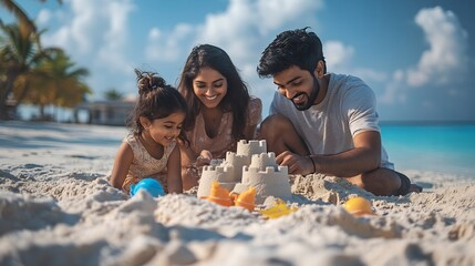 Happy indian family of three making sand castle or home with using sand plastic toys at the tropical beach enjoying holiday vacation : Generative AI