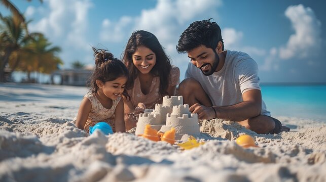 Happy indian family of three making sand castle or home with using sand plastic toys at the tropical beach enjoying holiday vacation : Generative AI