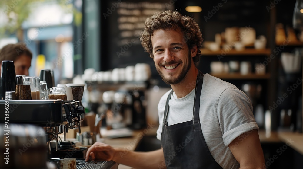Poster group of cheerful men baristas wearing aprons working at the counter in cafe indoors talking : gener