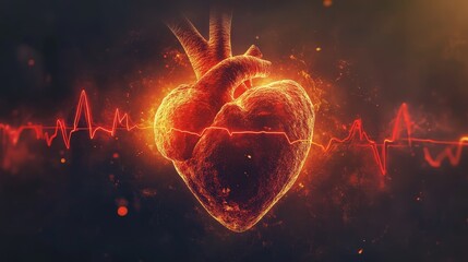 A vivid medical illustration showing a human heart with red pulse lines tracing the heartbeat, focusing on the cardiology aspect of heart health and function.