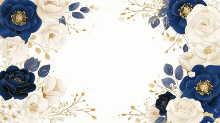 Navy Blue and White Floral Border with Gold Accents