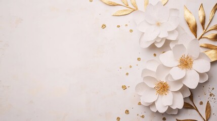 A beautifully designed invitation card adorned with delicate white flowers and gilded leaves, perfect for various celebrations