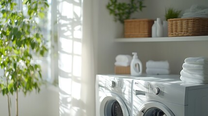 Modern washing machine with basket shelving unit and dressing screen near white wall Interior of home laundry room : Generative AI
