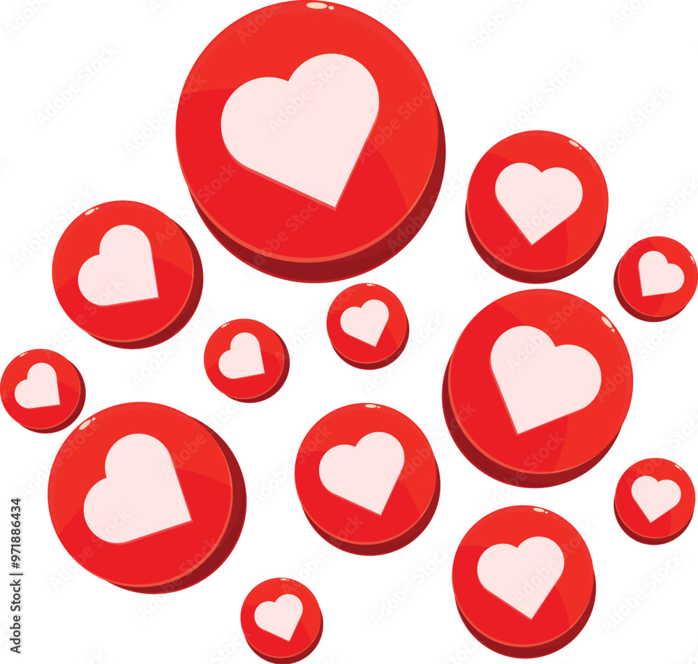 Poster red round like buttons with white hearts are floating in the air, showing love and affection