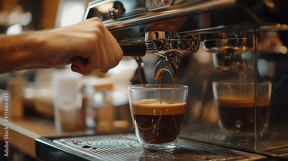 Poster Barista is making espresso coffee with an automatic coffee machine Ready to serve customers in the cafe the aroma of fragrant coffee throughout the shop Refreshing Is a business of the : Generative AI