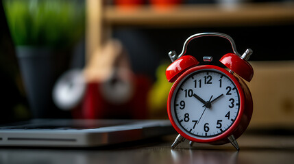 A close-up of a classic red alarm clock on a modern desk, symbolizing time management and productivity in a stylish setting.