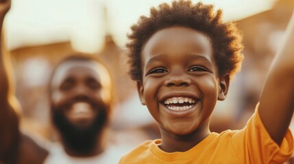 A father and his son joyfully cheer together in the stadium as the excitement of the game fills the air at sunset