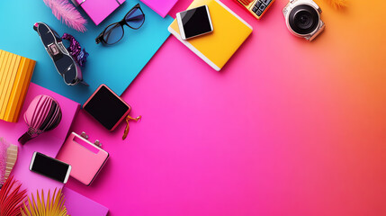 A vibrant flat lay of trendy accessories and gadgets on colorful backgrounds, perfect for showcasing creativity and lifestyle.