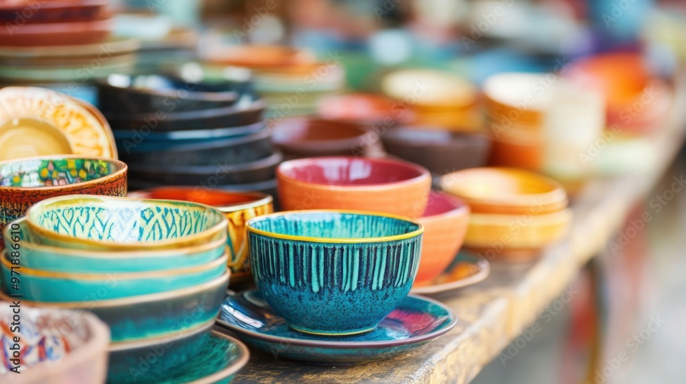 Poster a vibrant array of dishware fills a flea market table, attracting visitors eager to browse unique ki