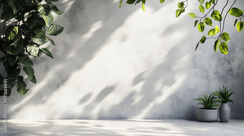 Poster background studio white wall cement with leaves shadow and marble floorempty grey concrete studio ro