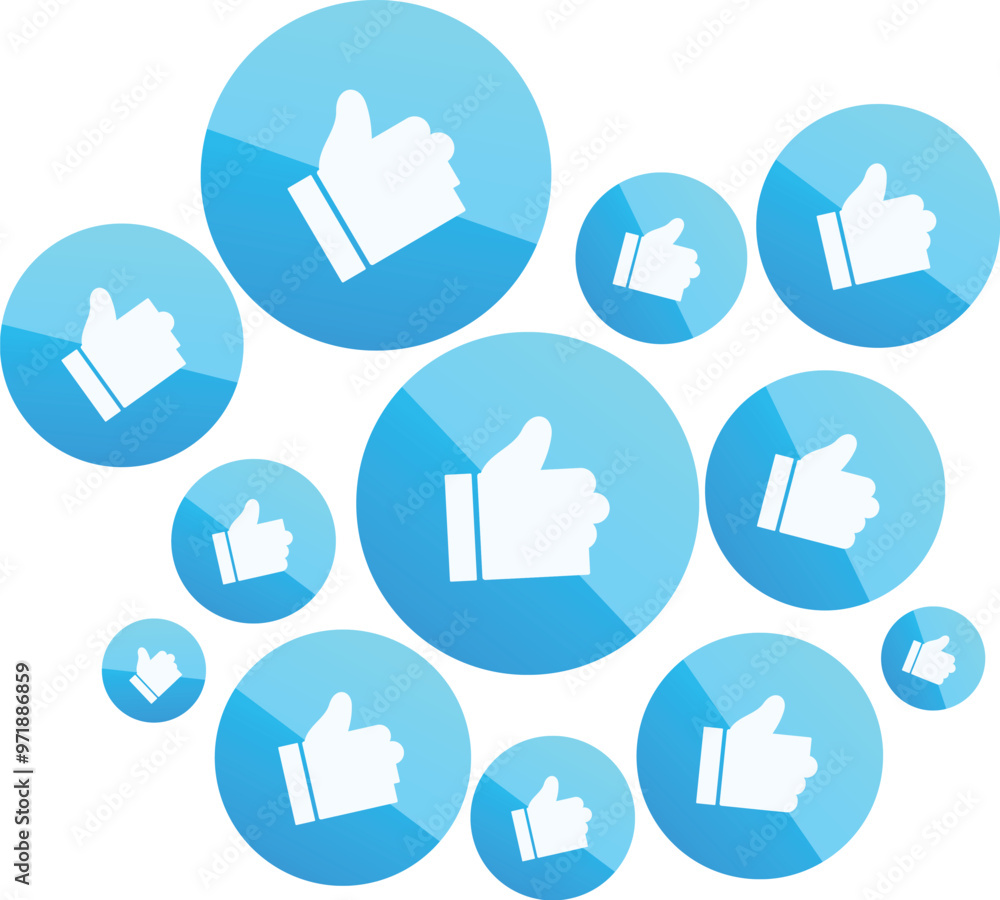 Poster multiple blue round icons showing thumbs up are representing positive feedback and satisfaction