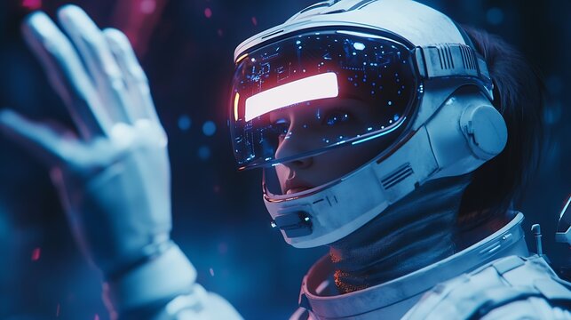Astronaut in futuristic costume Girl in glasses of virtual reality while touching air Augmented reality game future technology AI concept Dark background : Generative AI
