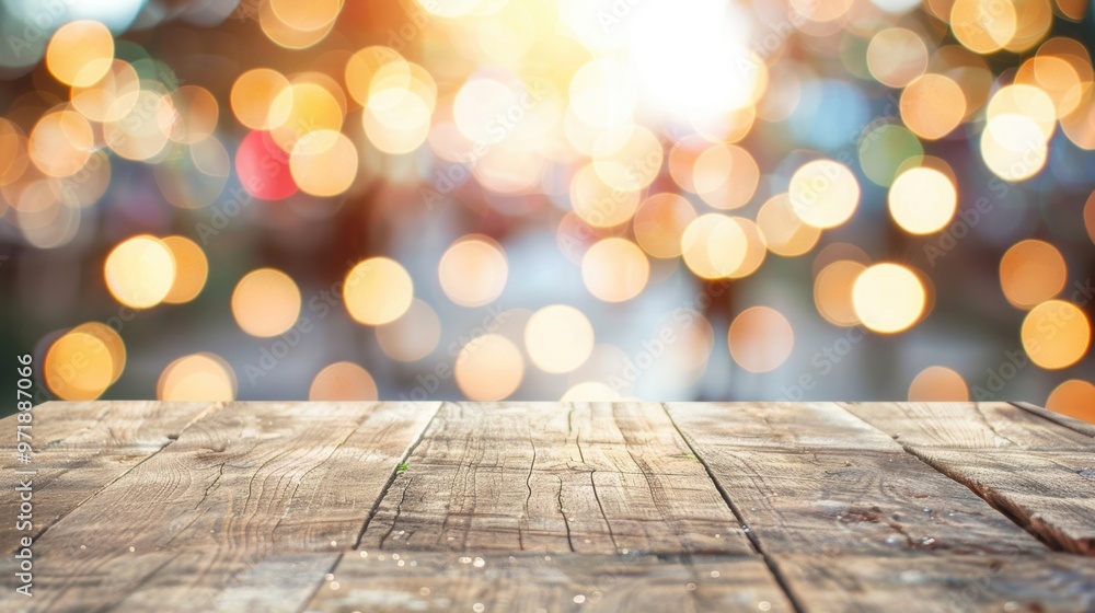 Poster the wooden table stands empty, illuminated by soft bokeh lights, creating a cozy atmosphere perfect 