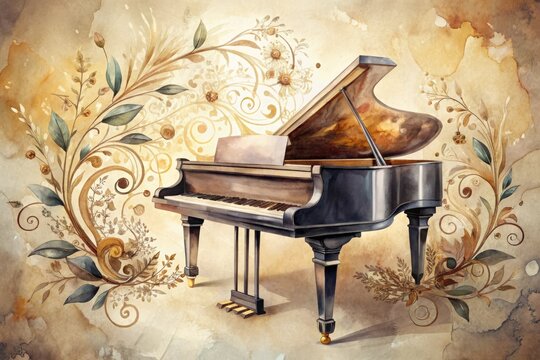 Elegant watercolor piano illustration featuring intricate keys, pedals, and music notes on a soft, creamy background with subtle textures and ornate details.