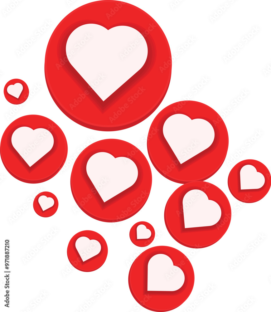 Poster multiple red round like buttons with white hearts inside are floating, which can be a concept for so
