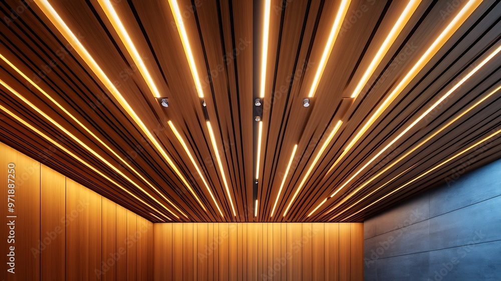 Poster Wooden Laminate Abstract Ceiling Design Modern Interior Architecture Background Structure with LED Linear Light : Generative AI