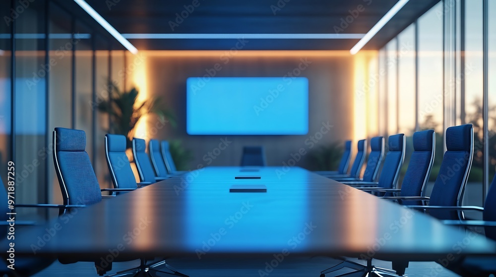 Poster new board room with table chairs and plasma display : generative ai