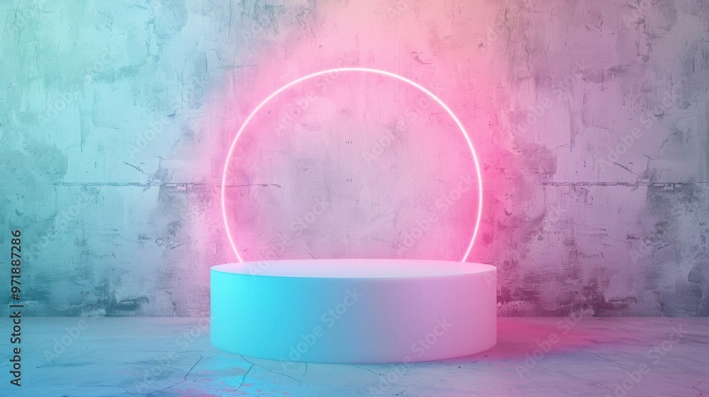 Poster an empty display stand features vibrant neon lights in a modern space, creating a striking visual ef
