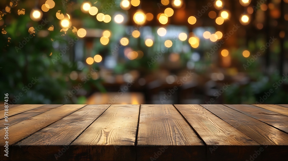 Aufkleber Empty wooden table top with lights bokeh on blur restaurant background : Generative AI