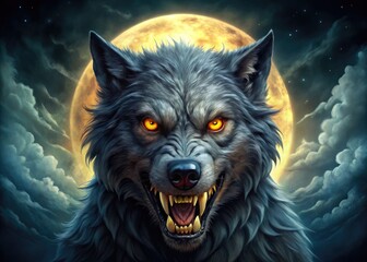 Fearsome, snarling werewolf face with glowing yellow eyes, razor-sharp teeth, and mottled fur, set against a dark, moonlit background, exuding primal, supernatural terror.