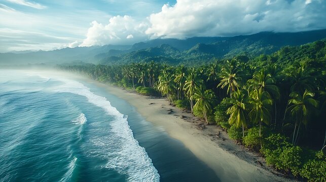 Nuqui choco jungle forest rock ocean beach colombian pacific coast pristine natural lanscape aerial nature palm trees and mountains : Generative AI