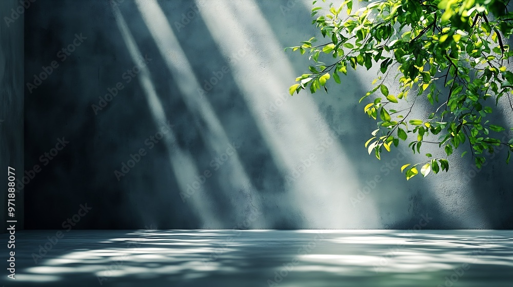 Aufkleber empty abstract room corner with sunlight beams and trees leafs shadows room made of concrete floor a