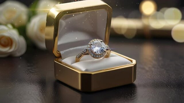 A luxurious gold wedding ring in a sparkling box. Seamless 4K looping timelapse video animation background