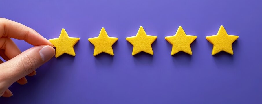 A hand placing 5 yellow stars on a soft purple background, symbolizing ratings, reviews, and performance evaluation. Rating of satisfaction for business products and services 