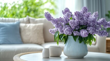 Beautiful living room with bouquet of lilacs branches on coffee table cozy sofa and cushions : Generative AI